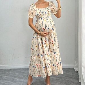 Maternity Floral Print Puff Sleeve Smocked High Waisted Maxi Dress